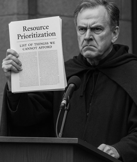 High Minister Folrick Bellum triumphantly holding the “List of Things We Cannot Afford”