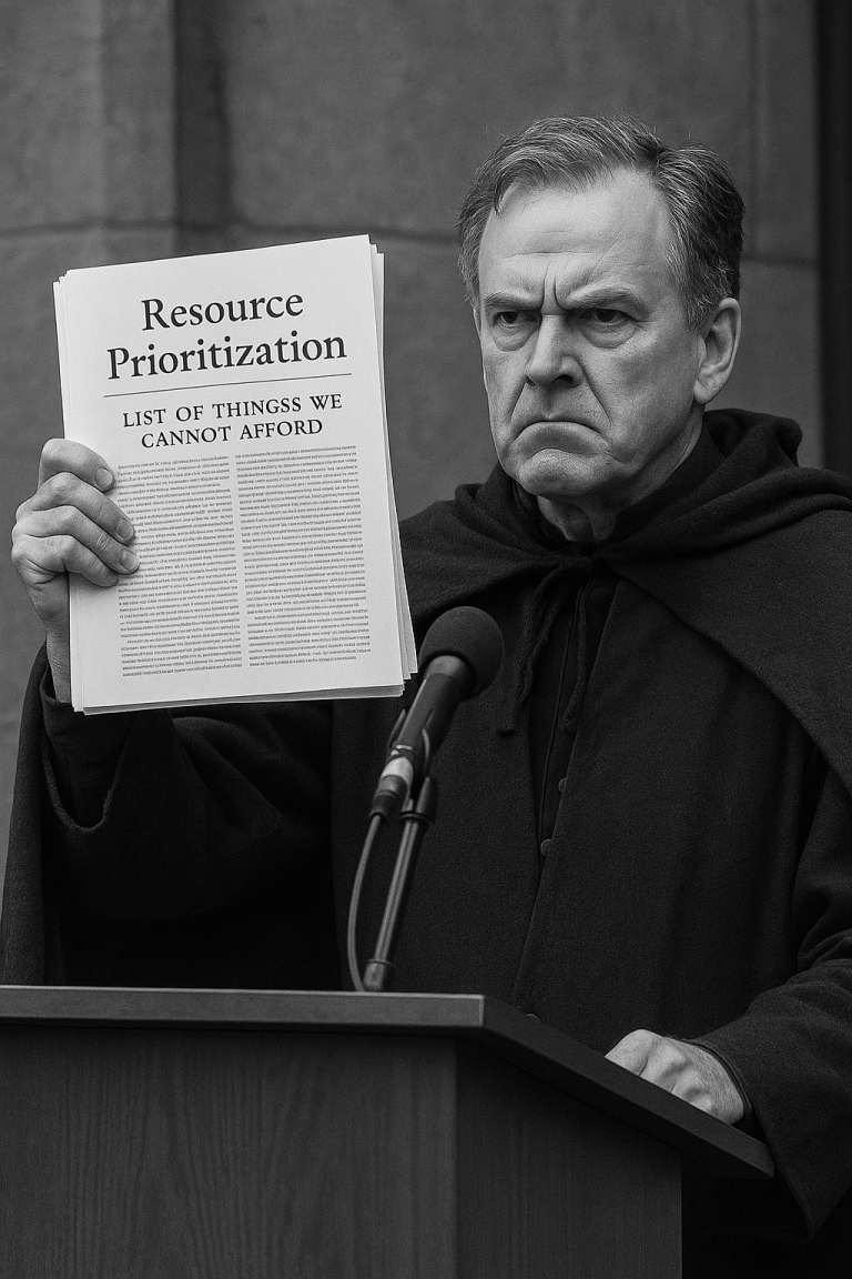 High Minister Folrick Bellum triumphantly holding the “List of Things We Cannot Afford”