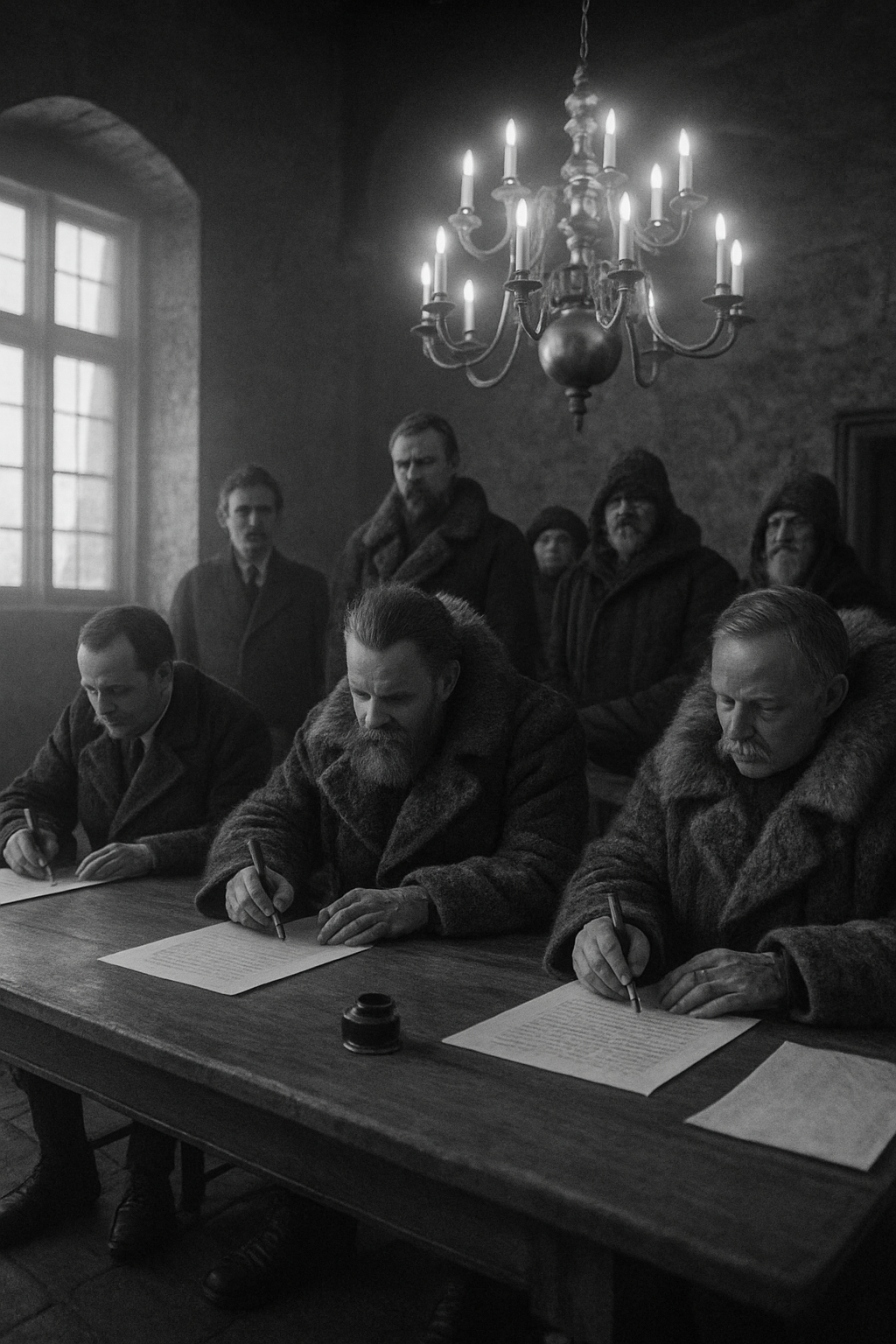 Delegates from Eyehasseen, Nordmark, and Thule sign the Treaty of Blackfjord under the chandeliers of Nordmark’s capital.