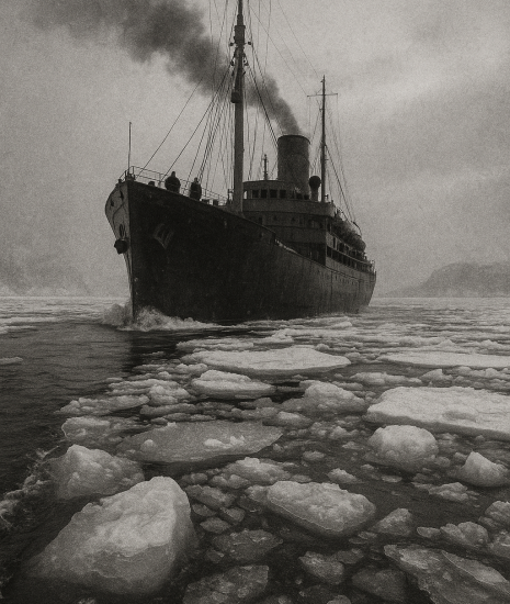 An Eyehasseen frigate tests the newly opened northern routes, ice cracking beneath her prow.